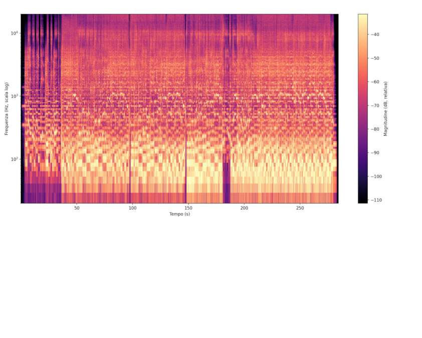 L’asse orizzontale è il tempo, quello verticale la frequenza in scala logaritmica e il colore esprime il livello relativo. L’intro appare più rada; dalla prima entrata piena le componenti diventano più continue e il finale occupa stabilmente una porzione più ampia dello spettro. I cambi marcati intorno a 180 e 188 secondi meritano ascolto e confronto col testo, ma una zona più luminosa non prova da sola che sia intervenuto un compressore.