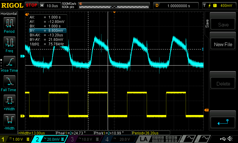 Oscillogramma della tensione sul catodo di D3, nodo V_TRHESHOLD, con POT_GAIN pari a 958,6 Ω e POT_SENS pari a 4,991 kΩ.