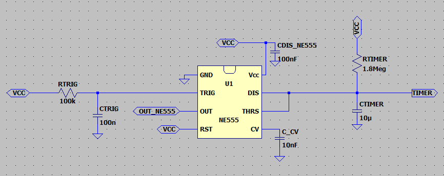 Schema LTspice del timer NE555 della GX-TXT-v3 con resistenza da 1,8 MΩ e condensatore da 10 µF.