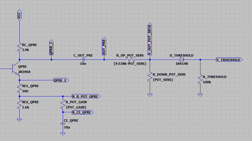 Schema LTspice della regolazione POT_SENS della GX-TXT-v3, con partitore da 9,538 kΩ, diodo D_THRESHOLD e nodo V_TRHESHOLD.