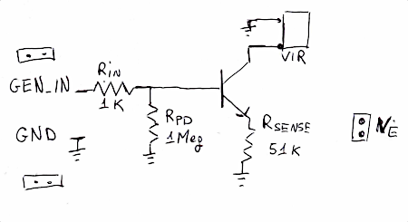 Schema del fotodiodo virtuale utilizzato per generare una corrente controllata sul nodo VIR della GX-TXT-v3 mediante un transistor 2N3904.