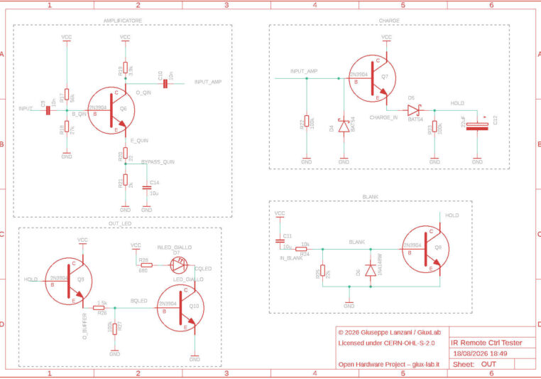 Schema elettrico GX-TXT-v3 con stadio amplificatore, circuito di carica e mantenimento HOLD, blanking e comando del LED arancio.