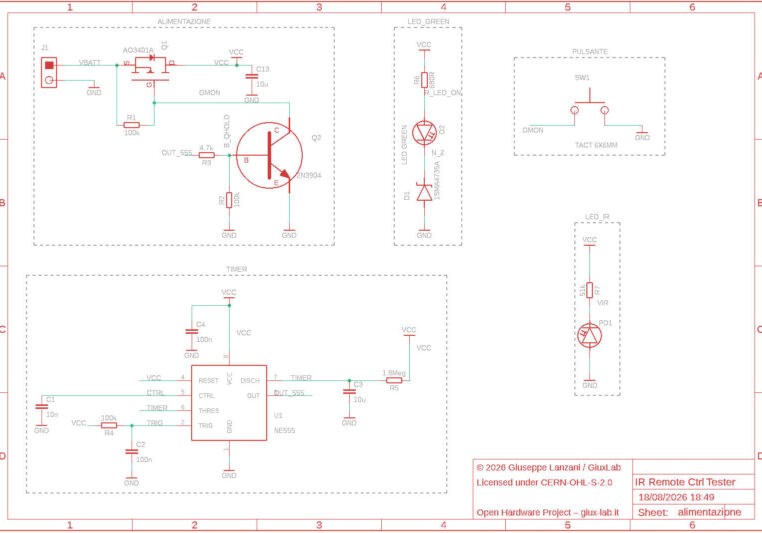 Schema elettrico GX-TXT-v3 con alimentazione a 9 V, accensione temporizzata tramite NE555, pulsante, LED verde di stato e fotodiodo IR.