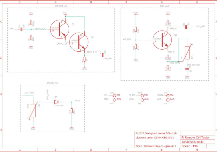 Schema elettrico GX-TXT-v3 della sezione di ingresso con doppio buffer a transistor, preamplificatore regolabile e controllo della sensibilità.