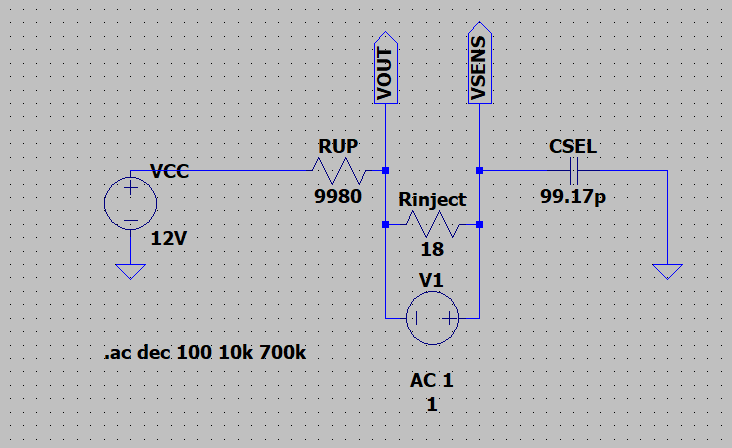 Schema LTspice della prova con resistenza da 9,980 kΩ, condensatore CSEL verso massa e punto di iniezione tra VOUT e VSENSE con resistenza da 18 Ω.