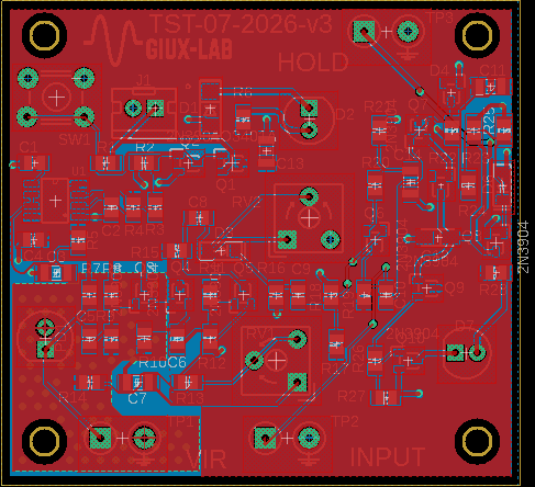 Layout top della PCB GX-TXT-v3 con i poligoni di rame riempiti, piano di massa, area VPOWER e zona VIR protetta da massa e via di stitching.