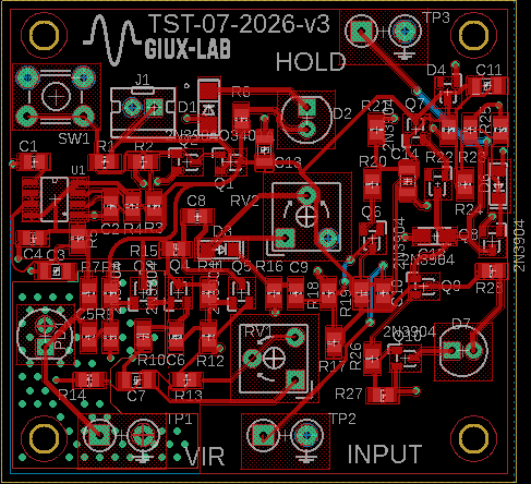 Layout top della PCB GX-TXT-v3 senza riempimento dei poligoni, per mostrare il routing delle piste, i componenti e le via di stitching nella zona VIR.