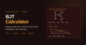 BJT stage biased by an R1-R2 voltage divider, with collector resistor Rc and emitter resistor Re, next to a load line crossing the transistor characteristic at the operating point Q.