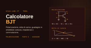 Stadio a BJT polarizzato con partitore R1-R2, resistenza di collettore Rc e resistenza di emettitore Re, accanto a una retta di carico che incrocia la caratteristica del transistor nel punto di lavoro Q.