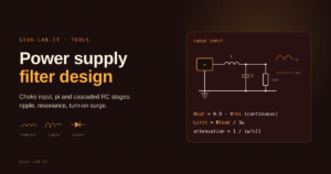 Schematic of a choke-input filter — rectifier, series inductor, shunt capacitor and load — next to the waveform before and after the filter and the equations for output voltage, critical inductance and attenuation.