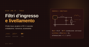 Schema di un filtro a ingresso di induttanza — raddrizzatore, induttanza in serie, condensatore verso massa e carico — con accanto la forma d'onda prima e dopo il filtro e le relazioni della tensione d'uscita, dell'induttanza critica e dell'attenuazione.
