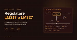 Schema di un LM317 con il partitore R1 fra uscita e piedino di regolazione, R2 verso massa e il condensatore sull'adjust, accanto alla formula della tensione d'uscita, alla condizione sul carico minimo e alla potenza dissipata.