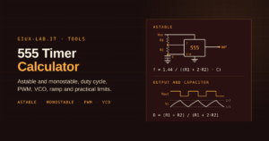 555 astable schematic with R1, R2 and C, above the square-wave output and the capacitor charging between one third and two thirds of Vcc