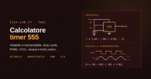 Schema del 555 in astabile con R1, R2 e C, sopra l'onda quadra in uscita e la tensione sul condensatore fra un terzo e due terzi di Vcc