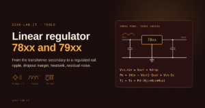 chematic of a three-terminal 78xx regulator with input and output capacitors and a ground symbol, next to the three design checks: dropout, power dissipation and junction temperature.