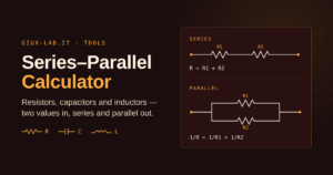 Two resistors connected in series and two connected in parallel, with the formulas R = R1 + R2 and 1/R = 1/R1 + 1/R2, next to the resistor, capacitor and inductor symbols.