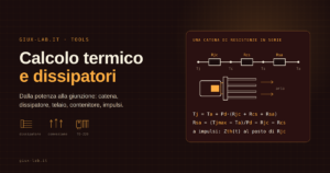 Catena di tre resistenze termiche fra giunzione, contenitore, dissipatore e aria, sopra la sezione di un componente montato con isolante su un dissipatore alettato, accanto alle formule della temperatura di giunzione e della resistenza richiesta.