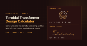 Wound toroidal core with the free hole marked and an inrush-current waveform, over the formula N = V / (4.44 · f · B · Ae)