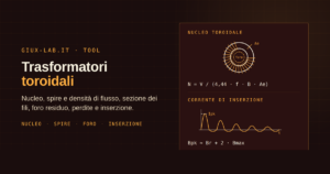 Nucleo toroidale avvolto con il foro residuo evidenziato e la corrente di inserzione, sopra la formula N = V / (4,44 · f · B · Ae)