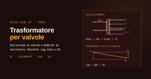 Simbolo del trasformatore di alimentazione con primario, secondario ad alta tensione con presa centrale e avvolgimento filamenti, accanto al grafico della B+ che cede al crescere della corrente anodica