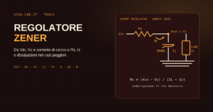 Schema di un regolatore Zener con resistenza serie, diodo verso massa, carico e formule per corrente e dissipazione