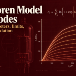 Cover image for an article about the Koren model for triodes, showing a vacuum tube, the model equation, and a family of anode characteristic curves.