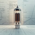 Illustrazione tecnica di un thyratron 2D21 con curve caratteristiche e grafici di datasheet sullo sfondo.