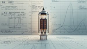 Illustrazione tecnica di un thyratron 2D21 con curve caratteristiche e grafici di datasheet sullo sfondo.