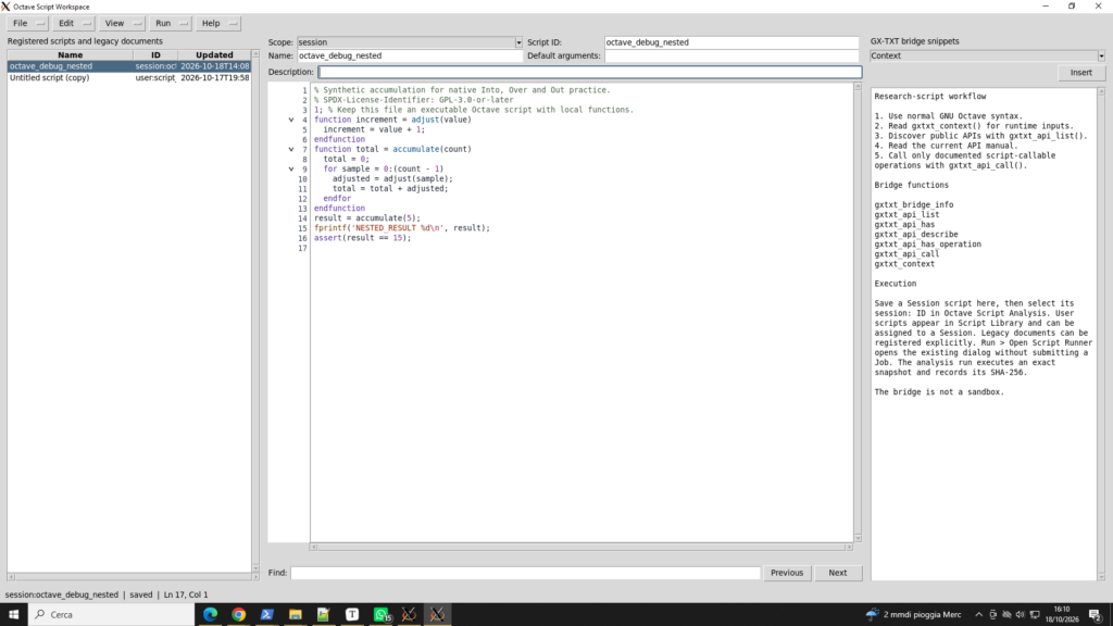 Schermata del GX-TXT Octave Script Workspace con lo script `octave_debug_nested` aperto nell'editor.