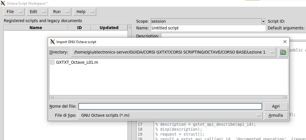 Finestra Import GNU Octave script con il file GXTXT_Octave_L01.m selezionabile per l'importazione nell'editor.