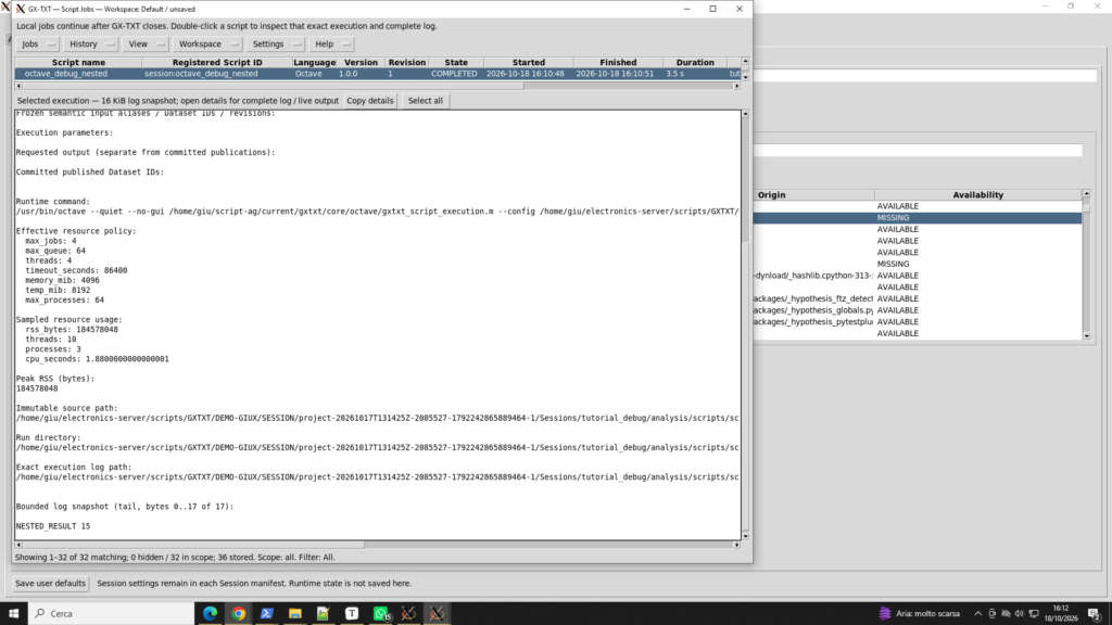 Finestra GX-TXT Script Jobs con lo script `octave_debug_nested` completato e output `NESTED_RESULT 15`.