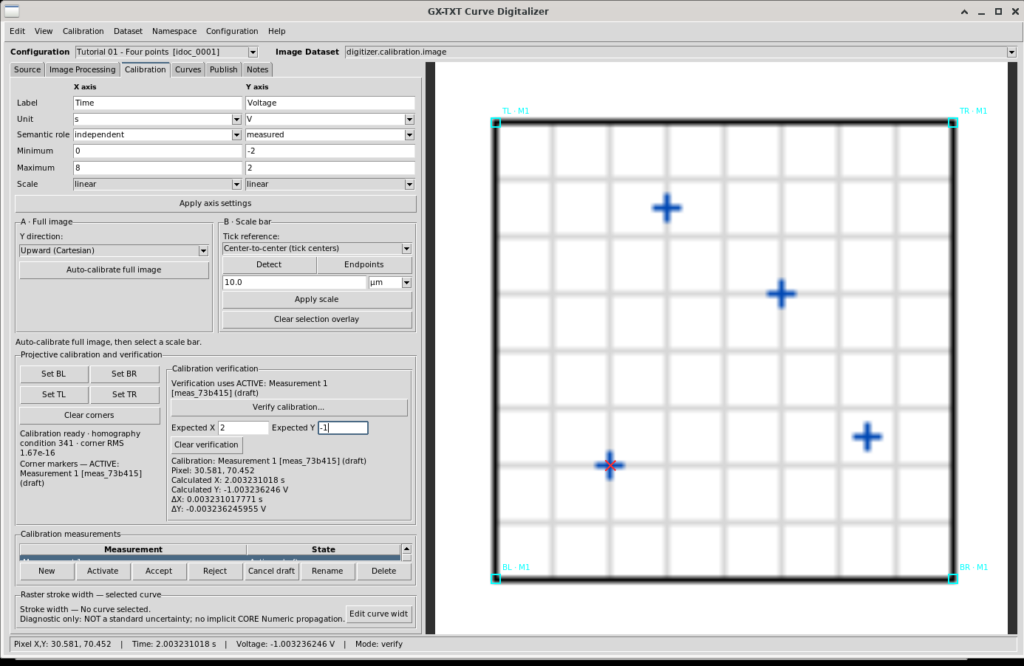 Pannello di verifica della calibrazione del Curve Digitalizer con confronto tra coordinate fisiche attese e calcolate.