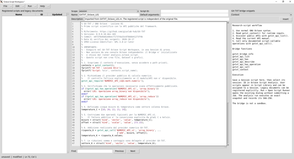 Editor Octave Script Workspace con il codice dello script e i campi Scope, Name, Script ID e Description.