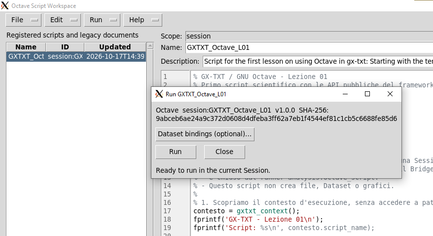 Finestra Run GXTXT_Octave_L01 con identificativo dello script, hash SHA-256 e pulsante Run per avviare l'esecuzione.