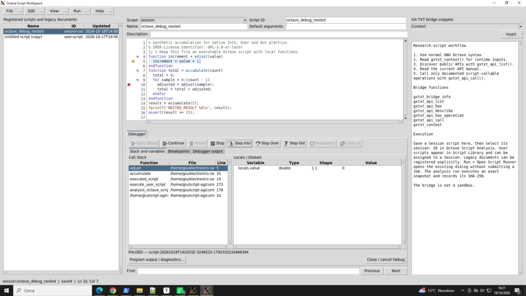 Il debugger di GX-TXT entra nella funzione `adjust` mostrando il parametro locale `value`.