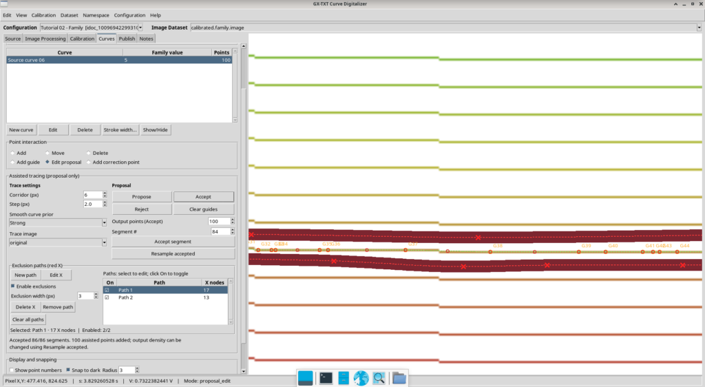 Curve Digitalizer con Source curve 06, valore di famiglia 5, 100 punti accettati e conferma di 86 segmenti accettati.