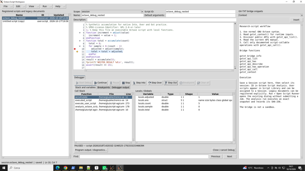 Il debugger di GX-TXT ritorna dalla funzione `adjust` alla funzione `accumulate` dopo un comando Step Out.