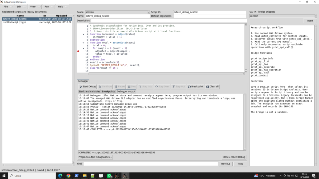 Finestra del debugger GX-TXT con stato COMPLETED al termine dello script `octave_debug_nested`.