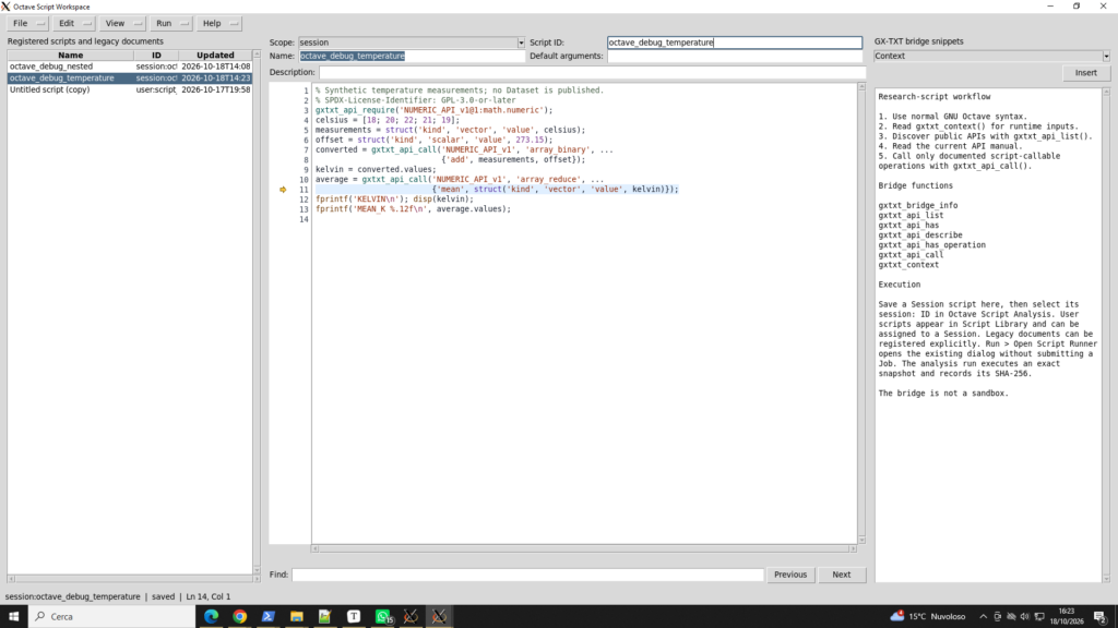Schermata dell'Octave Script Workspace con lo script `octave_debug_temperature` aperto nell'editor.