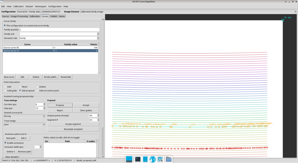 Proposta di tracciamento della Source curve 16 con Step 10 px e punti di correzione nella modalità Edit proposal.