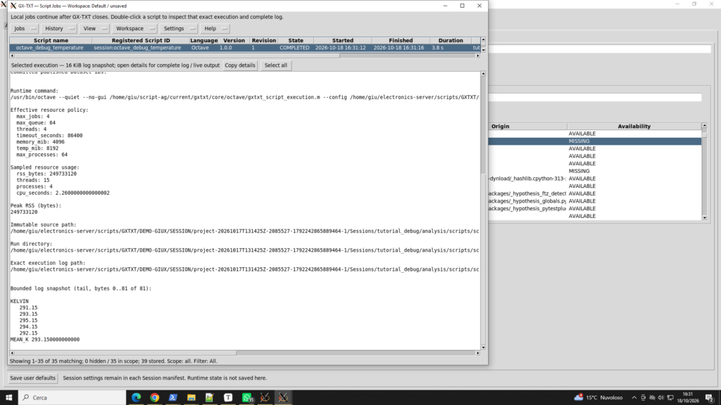 Viewer Script Jobs di GX-TXT con output delle temperature in kelvin e media `MEAN_K 293.150000000000`.