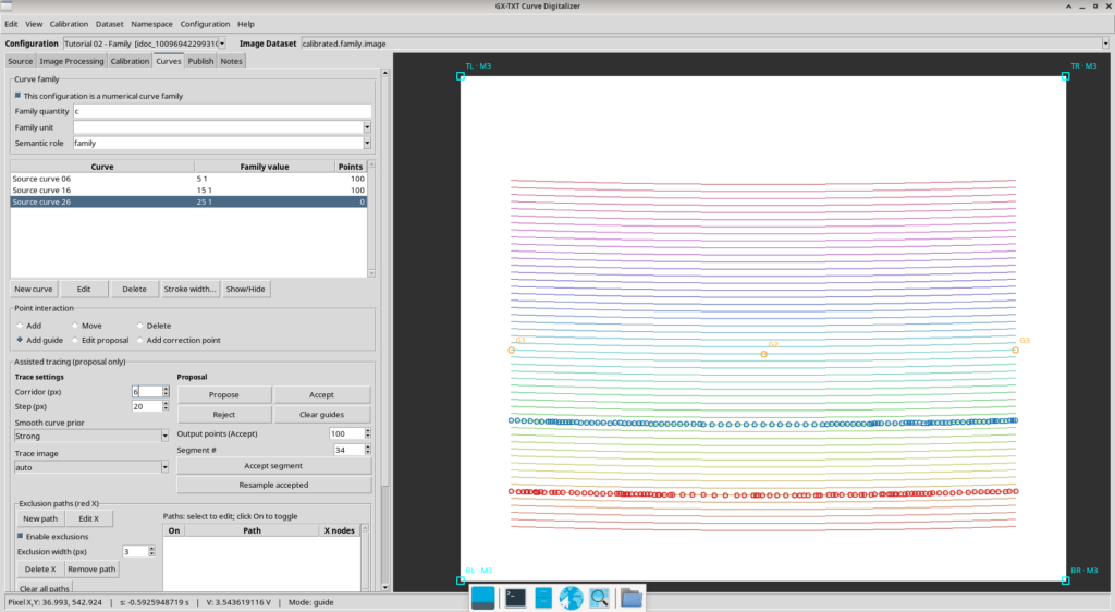 Preparazione di Source curve 26 con tre punti guida G1, G2 e G3, Step 20 px e Smooth curve prior Strong.