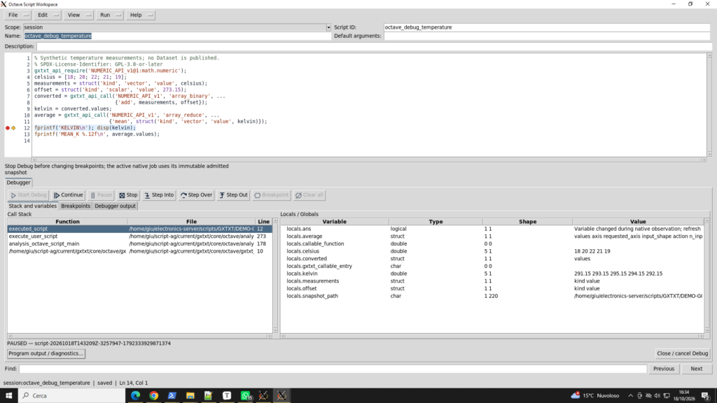 Debugger GX-TXT fermo nello script `octave_debug_temperature` con vettori numerici e strutture locali visibili.