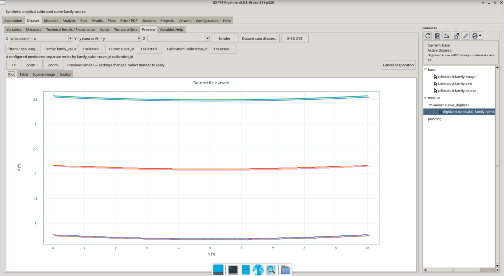 Grafico Plot della Dataset Preview con curve digitalizzate e coordinate X in secondi e Y in volt.