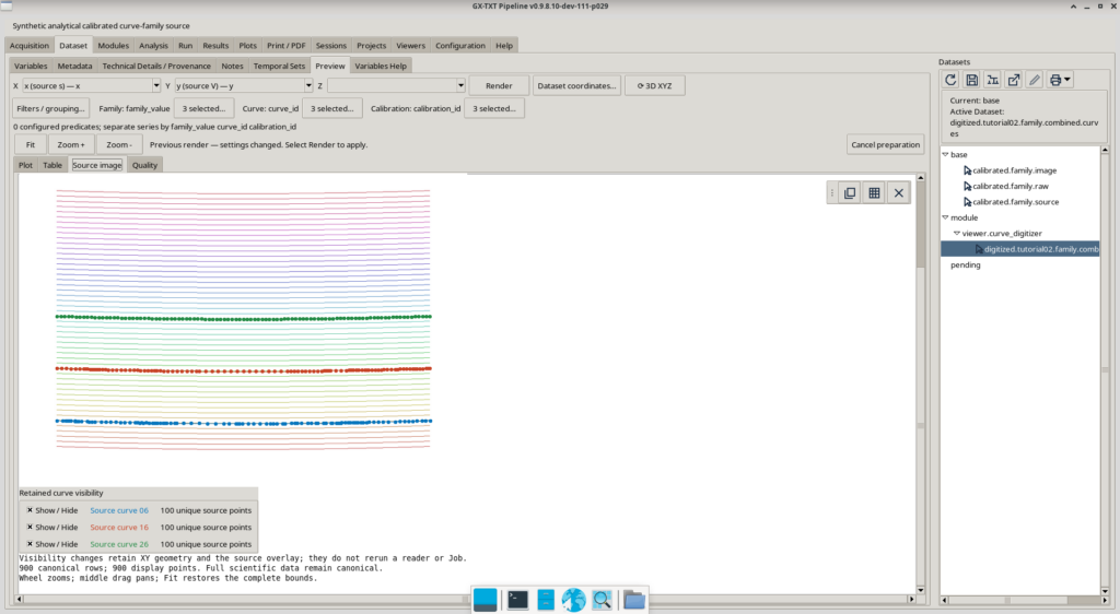 Scheda Source image con tre curve di punti colorati sovrapposte al raster e controlli Show/Hide.