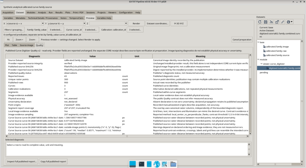 Rapporto Quality v2 con tre curve, 300 punti raster, 900 righe, tre calibrazioni, 297 segmenti e 43 segnalazioni diagnostiche.