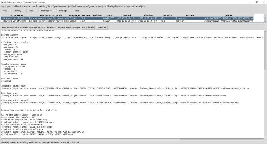 Finestra Script Jobs di GX-TXT con esecuzione COMPLETED della simulazione del raffreddamento di Newton e risultati numerici nel log.