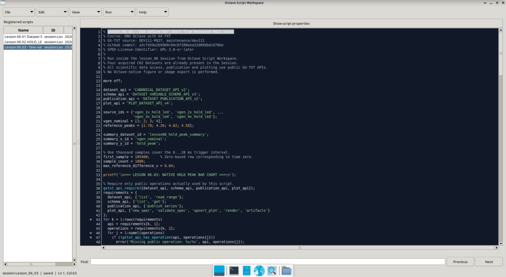 Octave Script Workspace di GX-TXT con lo script 06.03 per il calcolo dei massimi HOLD e la creazione del grafico a barre.