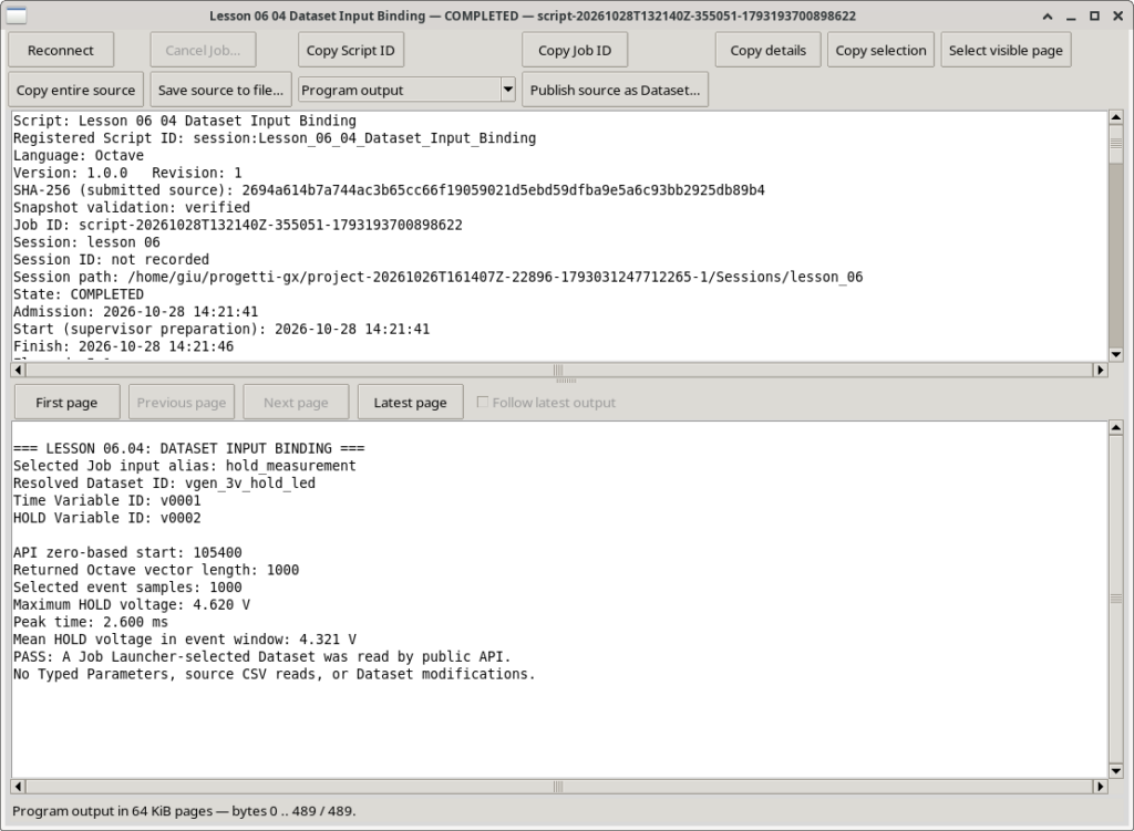 Job GX-TXT completato con lettura del Dataset vgen_3v_hold_led selezionato tramite Input Binding e calcolo del massimo HOLD.