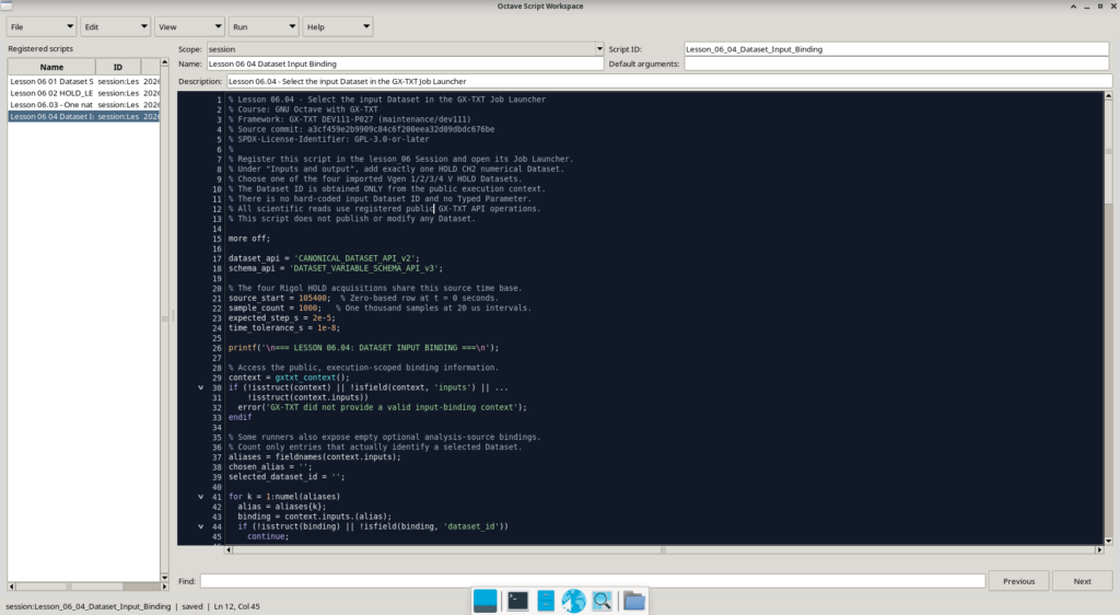 Octave Script Workspace di GX-TXT con lo script 06.04 che legge un Dataset selezionato tramite il Job Launcher.
